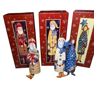 Lot (3) Lang & Wise Ellen Stouffer Ornaments Santa Star Ribbon Angel Blue Coat